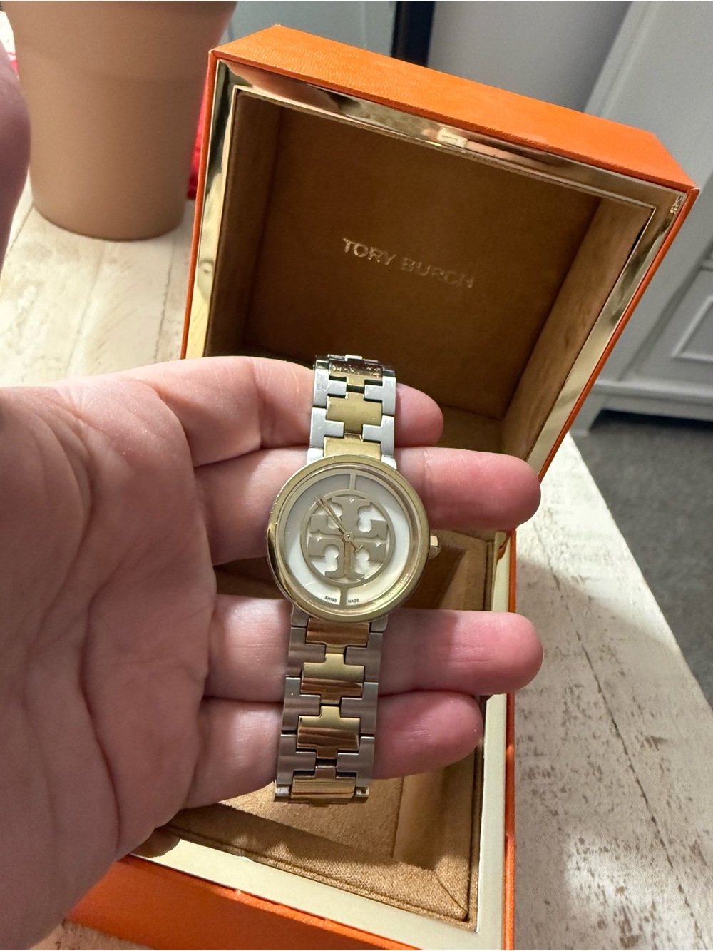 Tory Burch Two-Tone Gold and Silver Women’s Logo Bracelet Watch